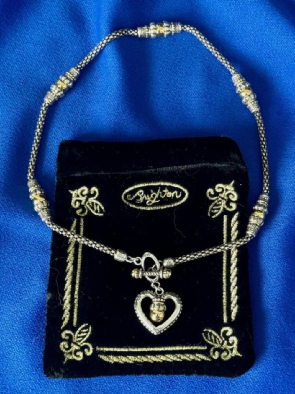 Retired Brighton Silver Plated 2-Tone Heart Toggle Beaded Pendant Necklace 17"